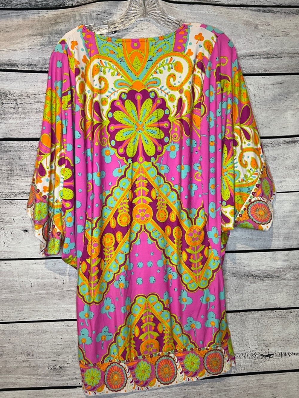 Trina Turk Woodblock Batik Boho Chic Pink Floral Swim Coverup Tunic Dress Size M - Picture 7 of 11